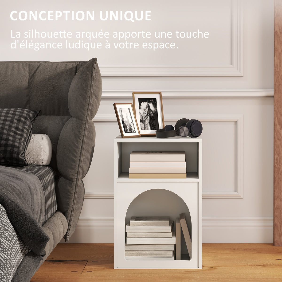 Lot de 2 tables de chevet, table de nuit avec compartiments ouverts, design arqué, 40 x 30 x 60 cm, blanc