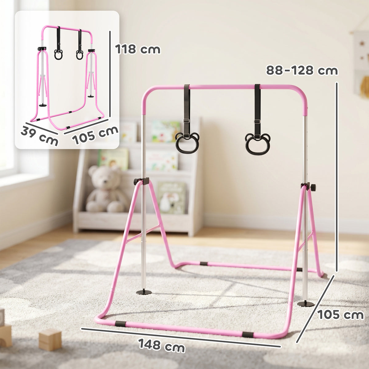 Barre de gymnastique pour enfants, barre horizontale pliable à hauteur réglable avec anneaux de gymnastique, rose