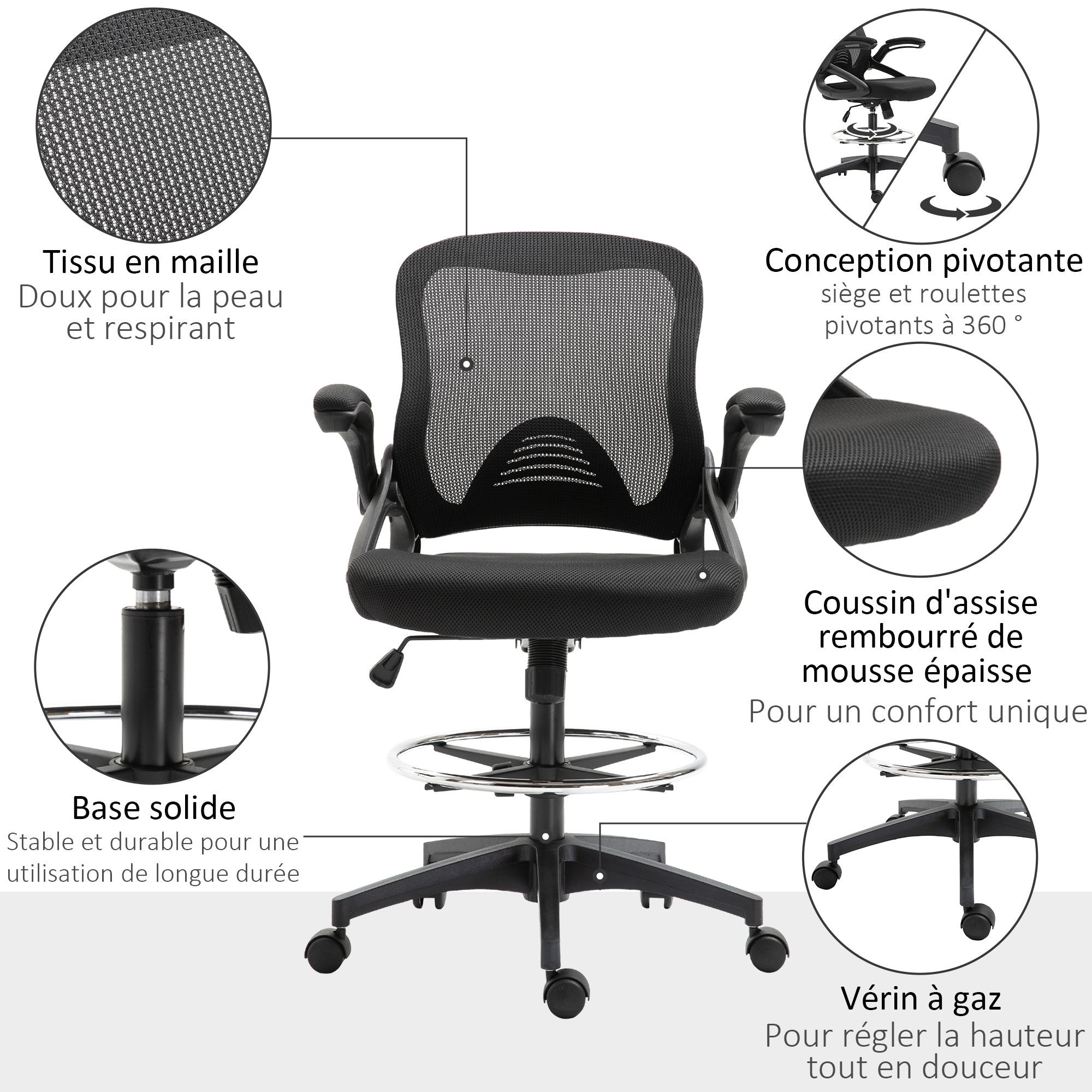 Chaise bureau ergonomique, fauteuil de bureau avec repose-pieds, chaise de dessin à dossier en maille, hauteur réglable, accoudoirs, assise rembourrée et pivotante 360°, noir
