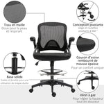 Chaise bureau ergonomique, fauteuil de bureau avec repose-pieds, chaise de dessin à dossier en maille, hauteur réglable, accoudoirs, assise rembourrée et pivotante 360°, noir