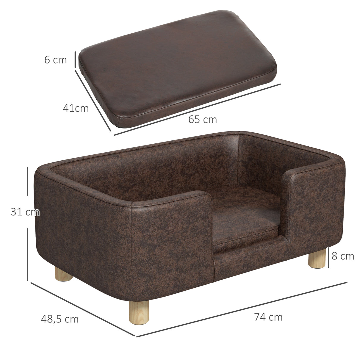 Dog sofa, dog and cat bed with rim, plush cushion, solid wood legs, dim. 74 x 48.5 x 31 cm, chocolate microfiber upholstery
