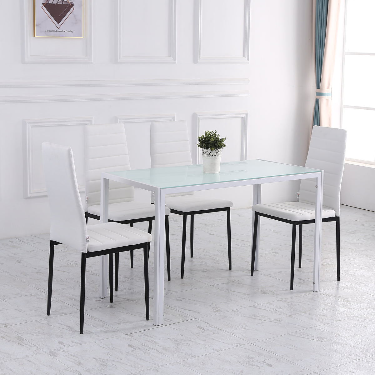 Lot de 4 chaises de salle à manger chaises de cuisine avec dossier haut pieds en métal et tissu en lin 41x50x97cm blanc