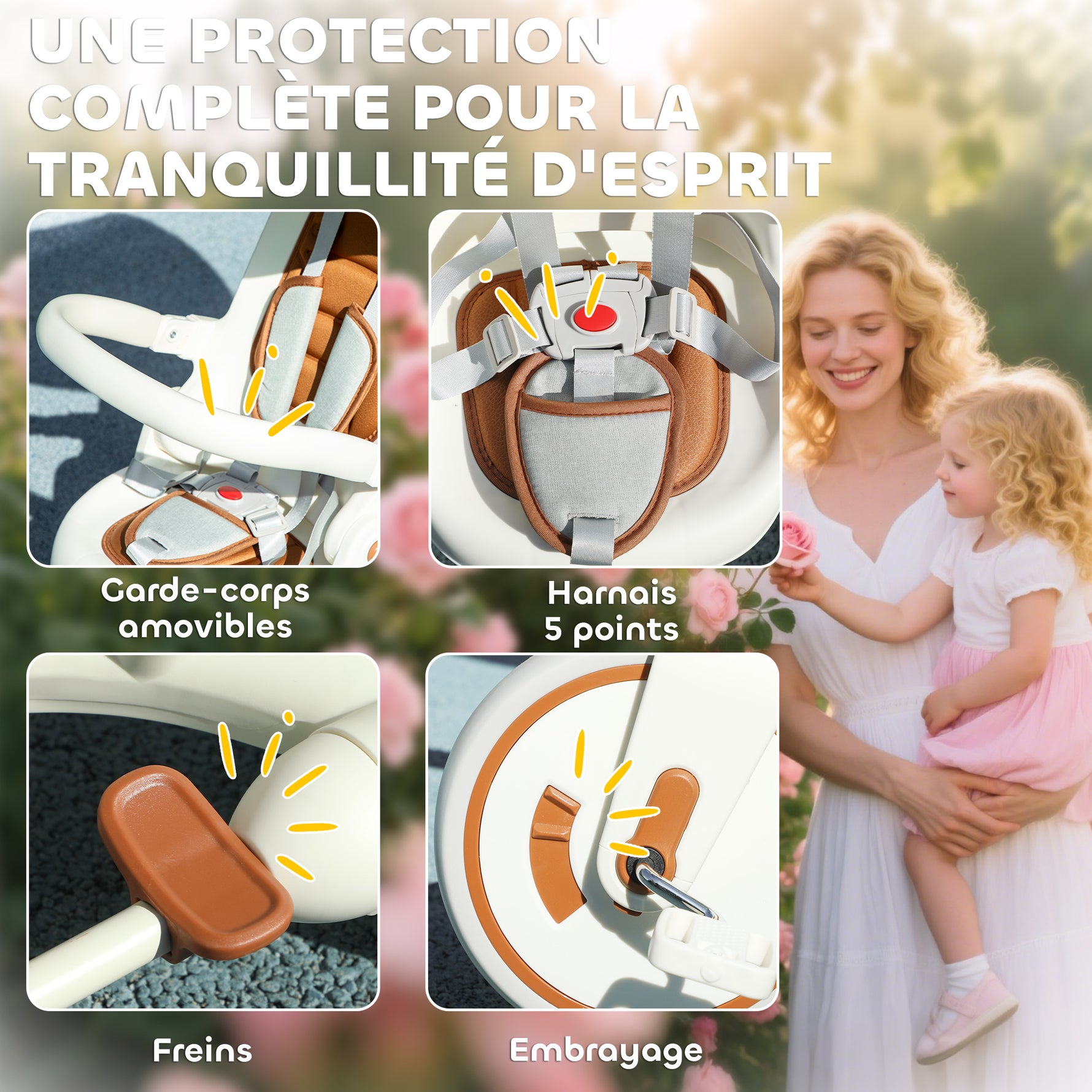 Tricycle bébé évolutif 5 en 1, tricycle enfant pliable avec poignée réglable, capote amovible, pour 1-3 ans, crème