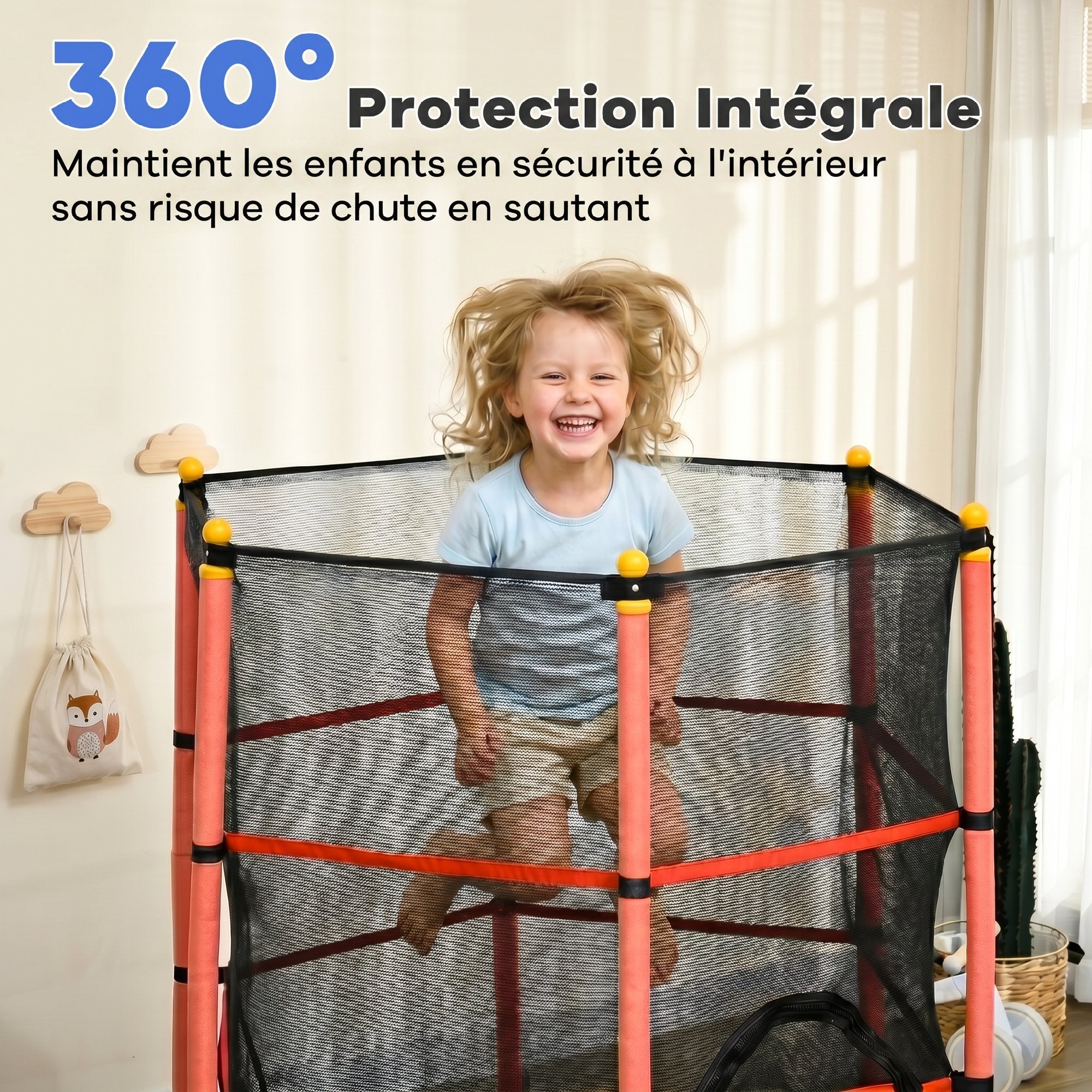 Trampoline Enfant Ø 1,63 × 1,9H m Filet de sécurité Porte zipée Couvre-Ressorts 6 poteaux rembourrés Inclus Rouge