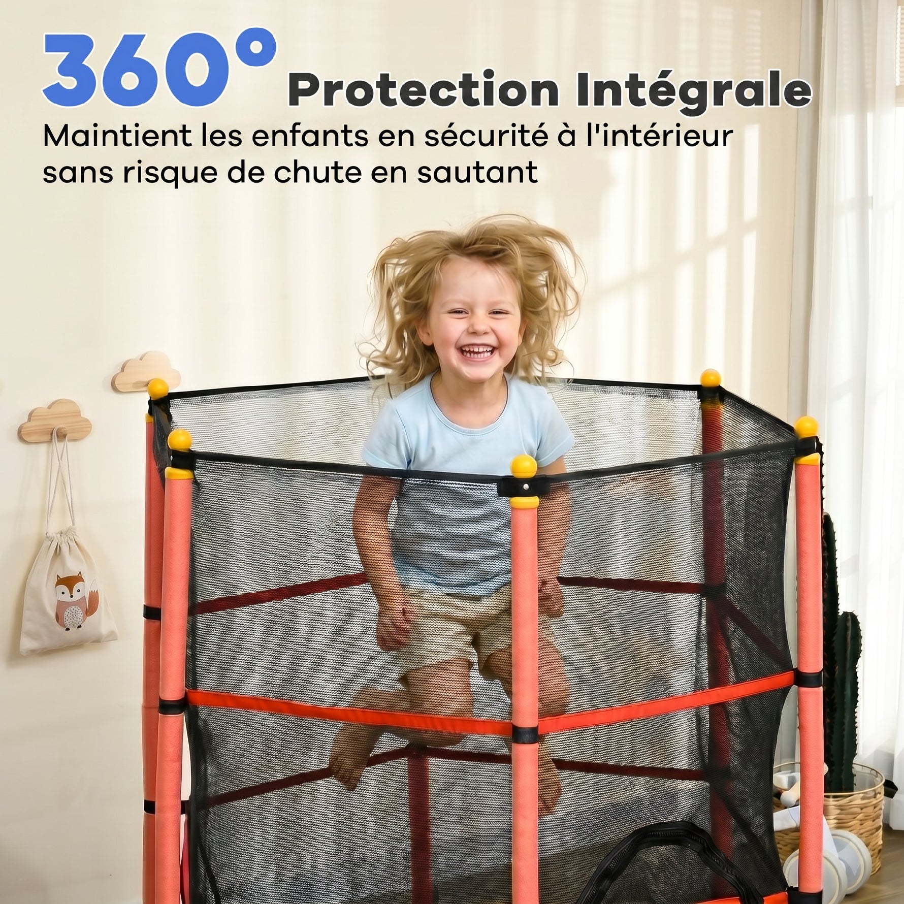 Trampoline Enfant Ø 1,63 × 1,9H m Filet de sécurité Porte zipée Couvre-Ressorts 6 poteaux rembourrés Inclus Rouge