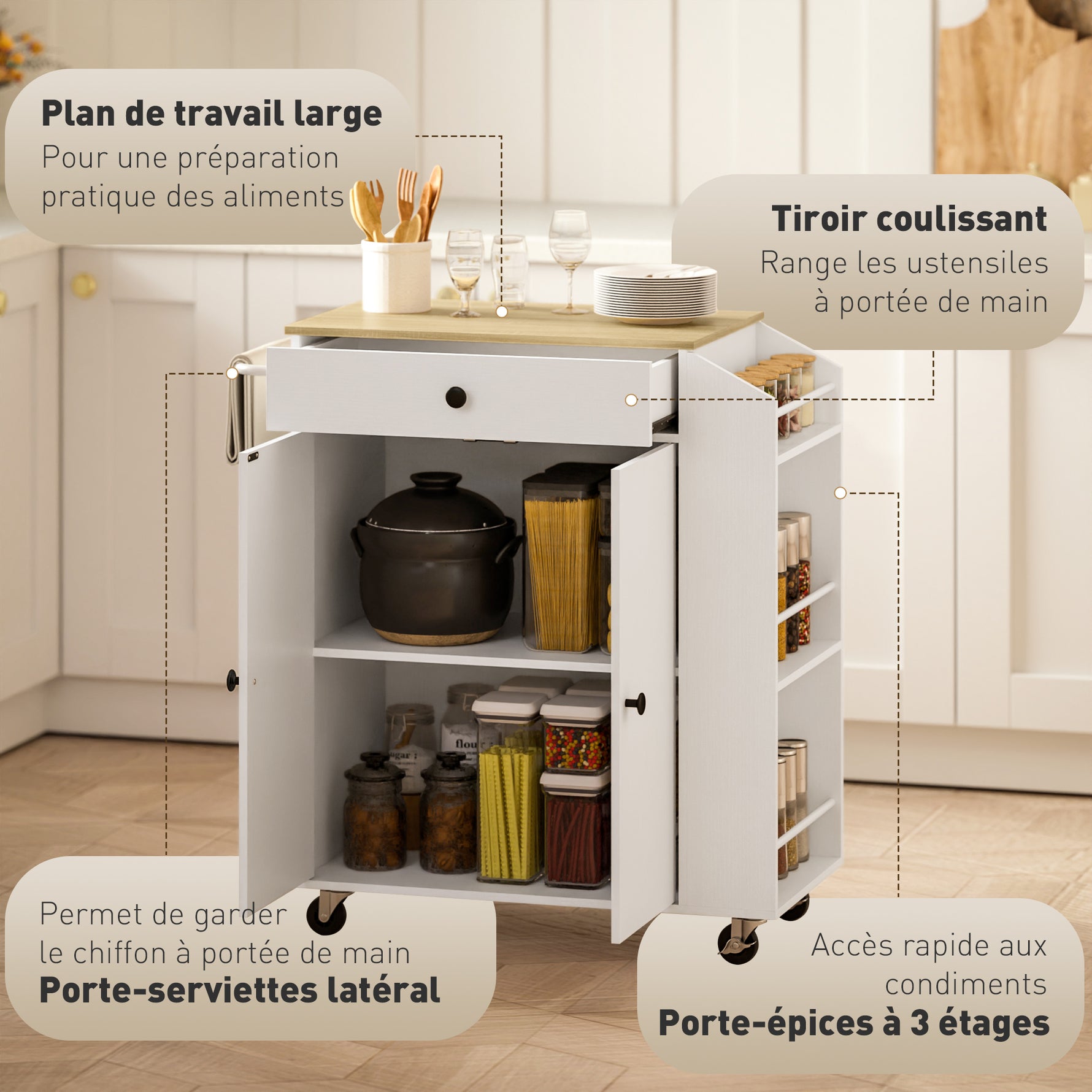 Îlot central cuisine mobile desserte cuisine avec tiroir étagère réglable placard à deux portes 82 x 38 x 86,5 cm blanc