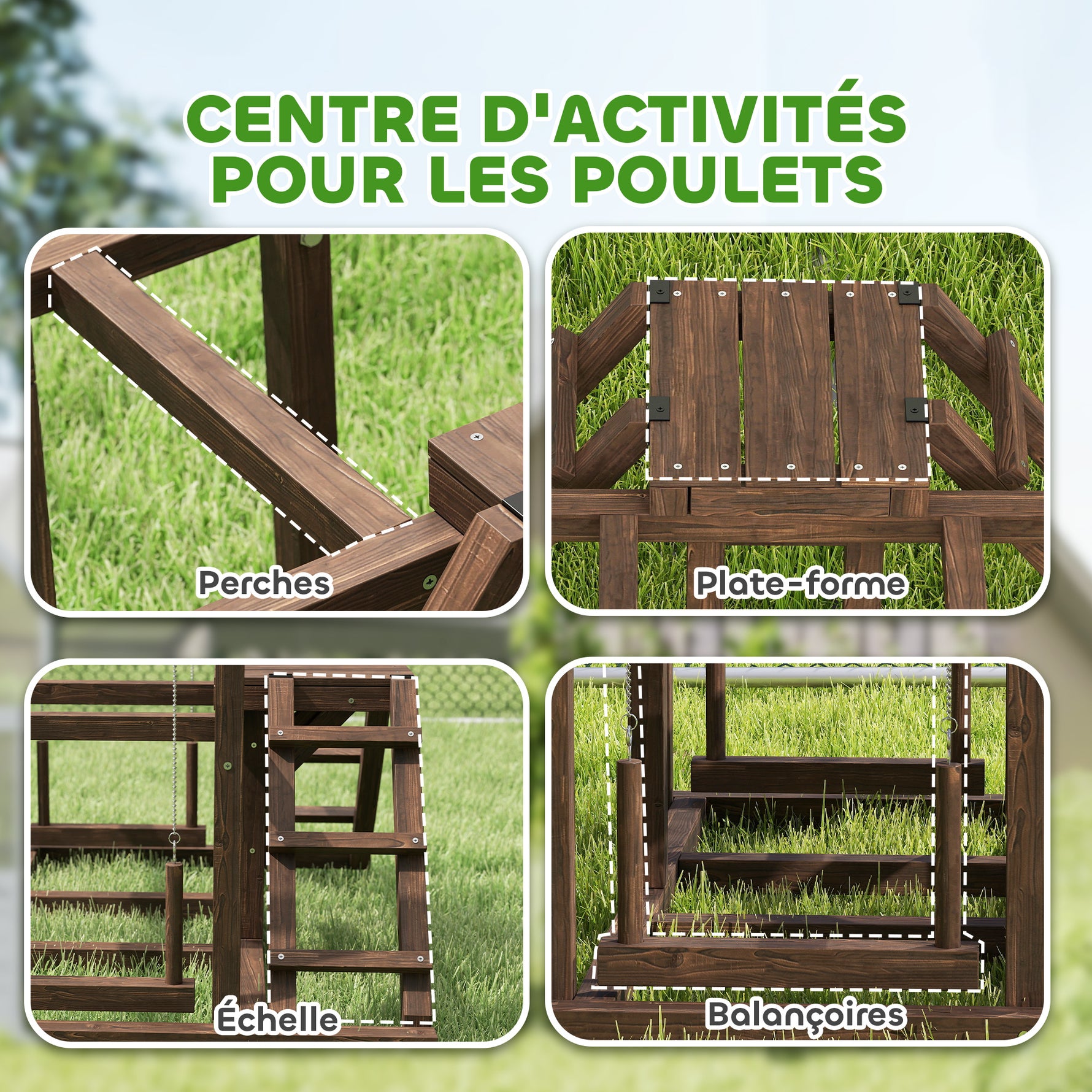 Aire de jeux en bois, Perchoir en bois pour poule, avec balançoire, échelle, plateformes, 82 x 60 x 55 cm, marron