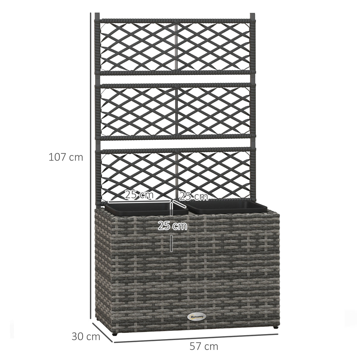 Jardinière pour plantes avec treillis 2 bacs à plante 22L en résine tressée et acier galvanisé 57 x 30 x 107 cm gris