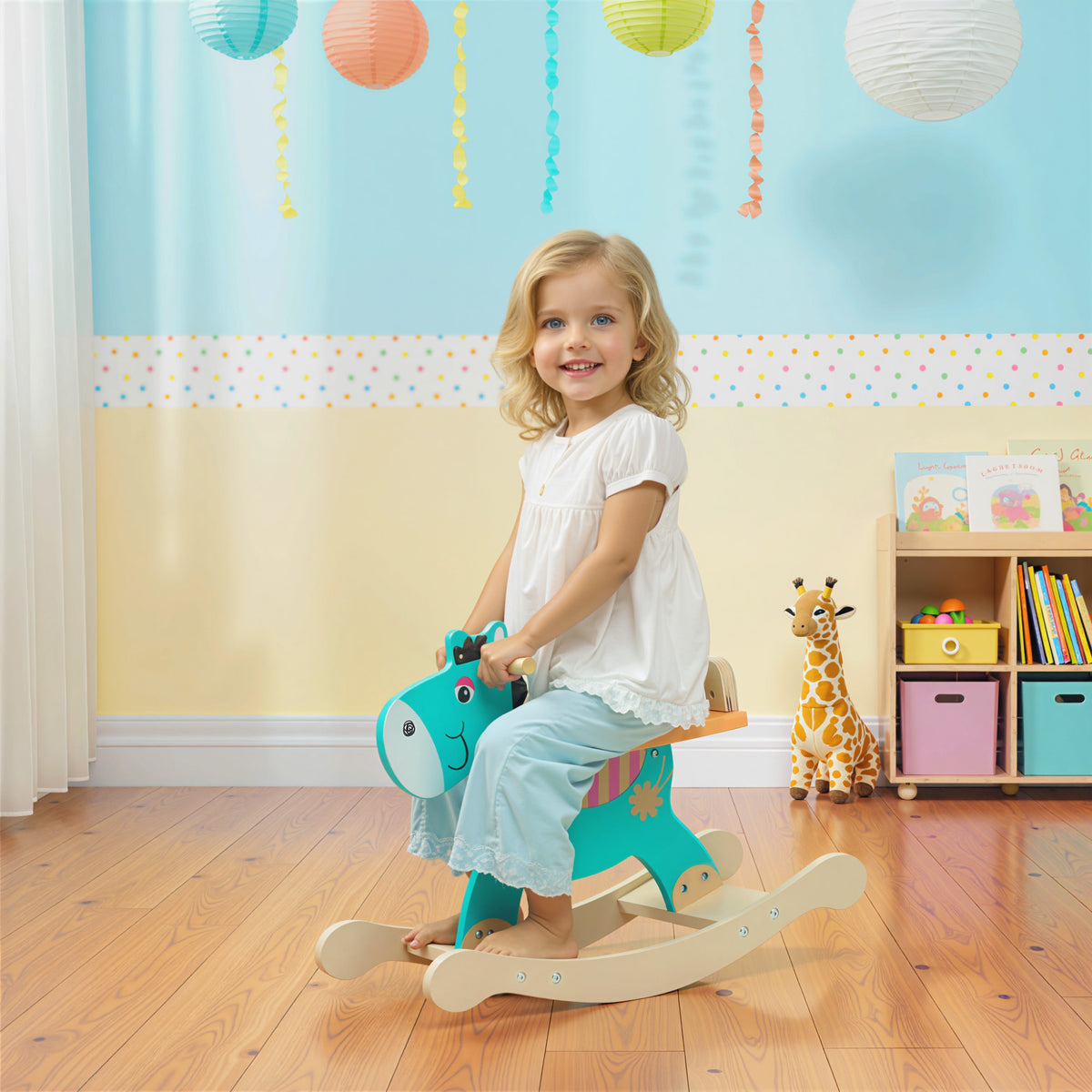 Cavallo a dondolo per bambini, asino giocattolo a dondolo per neonati in legno con manubrio e base stabile, 59 x 27 x 43 cm, verde scuro
