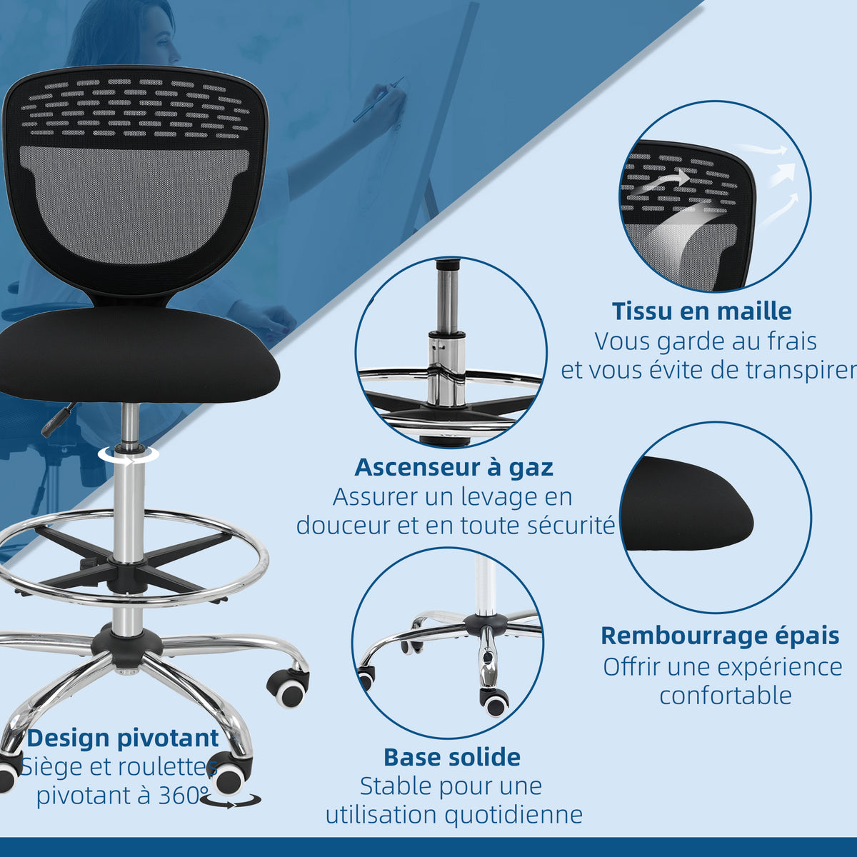 Chaise de bureau ergonomique en maille, chaise de dessin, hauteur et repose-pieds réglable, 59 x 59 x 106-126 cm, noir