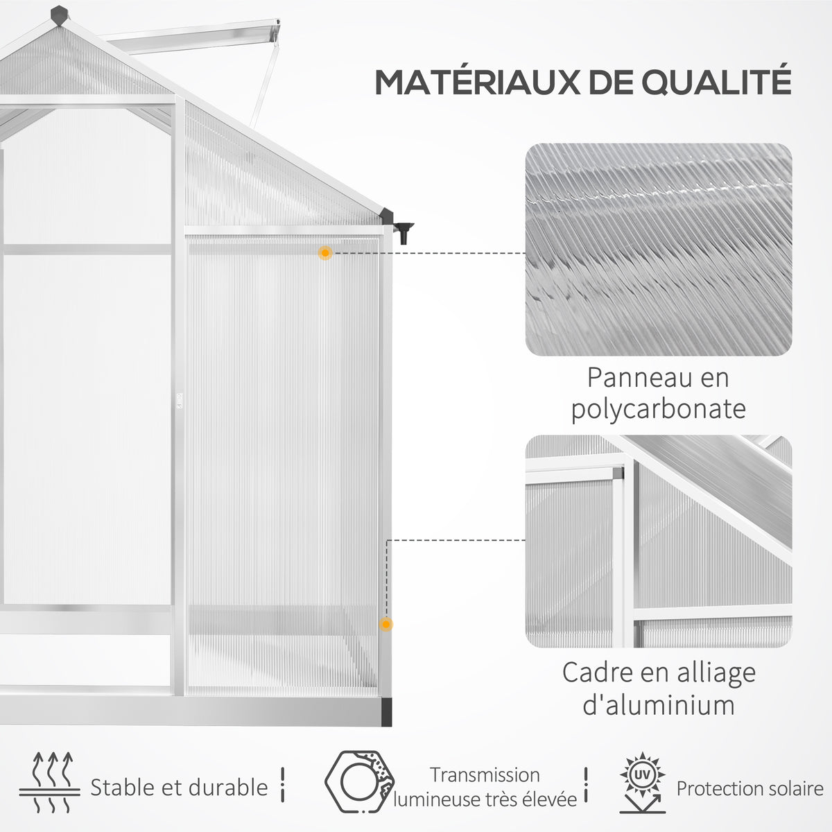 Serre de jardin en aluminium polycarbonate, serre avec fenêtres supérieures réglables, porte battante, abri extérieur résistant aux intempéries pour plante fleur, 242x190x195 cm, transparent