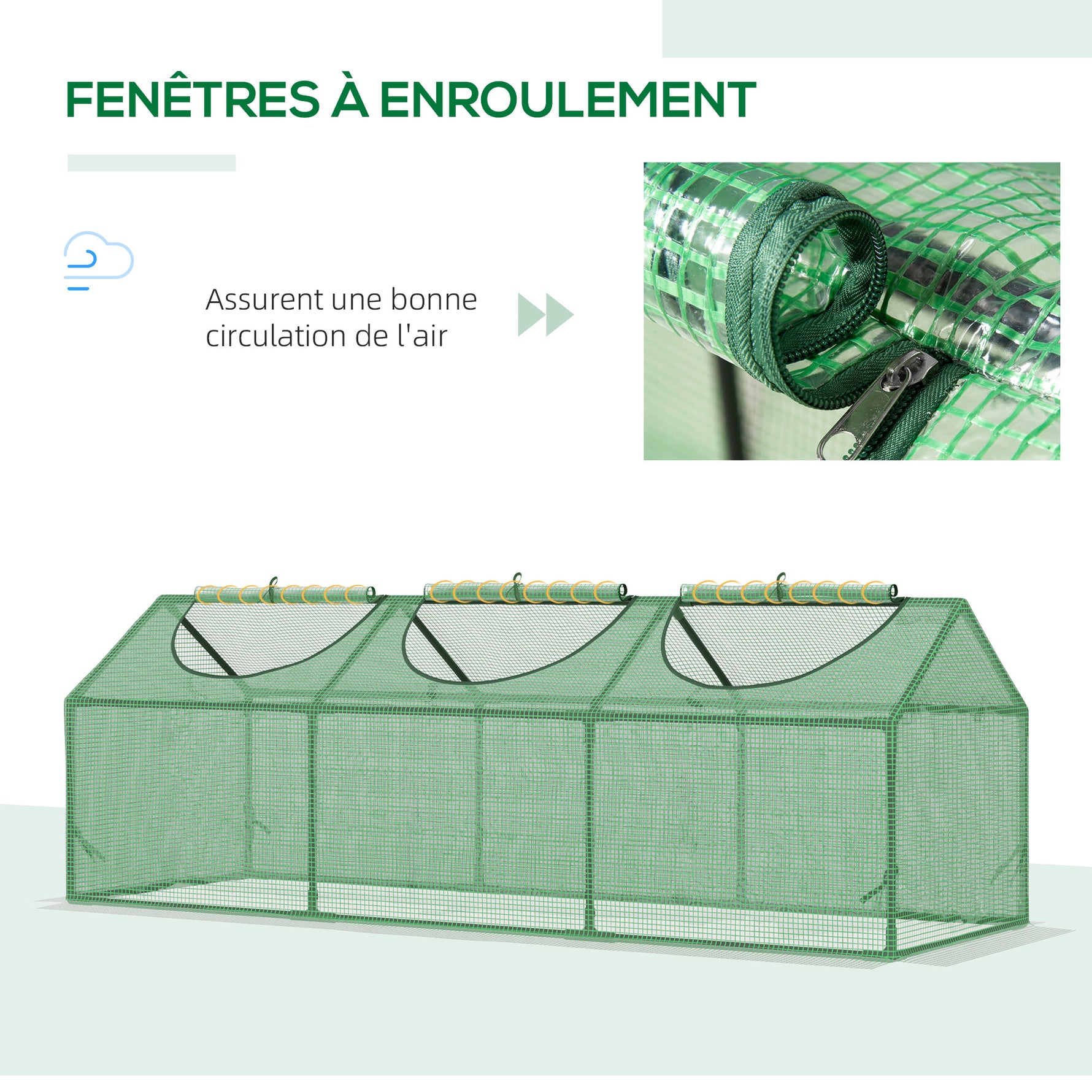 Serre de jardin mini serre 3 fenêtres enroulables couverture en PE haute densité 140 g/m² 180 x 60 x 60 cm vert foncé