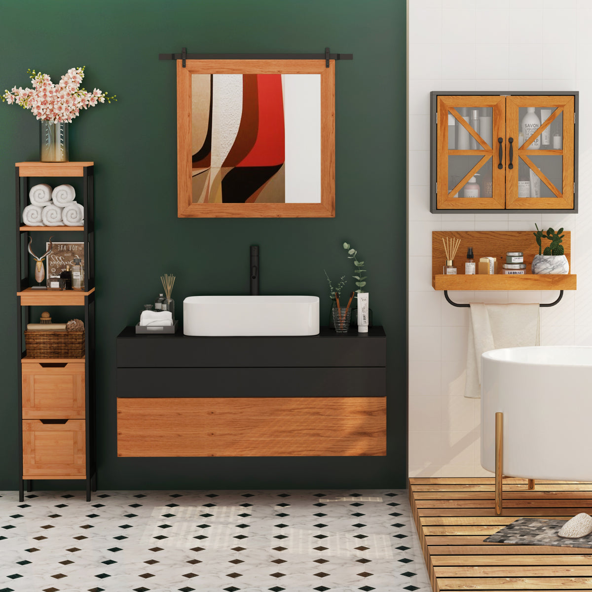 Colonna da bagno portaoggetti stile accogliente dim. 30L x 30P x 144A cm 3 ripiani 2 cassetti Bambù Nero
