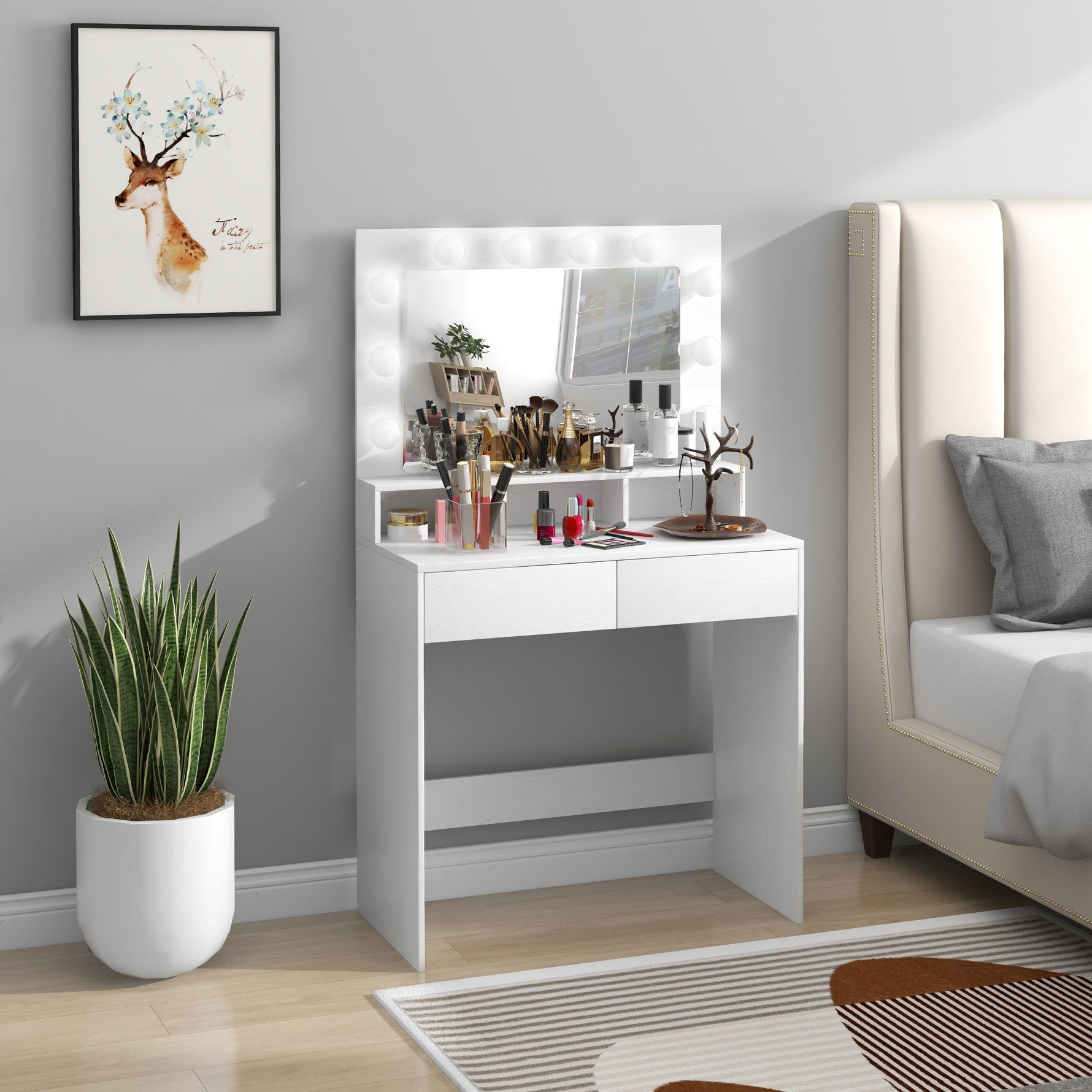 Coiffeuse avec miroir Hollywood, tiroirs, 3 modes d'éclairage, 10 ampoules, 80 x 40 x 135 cm, blanc