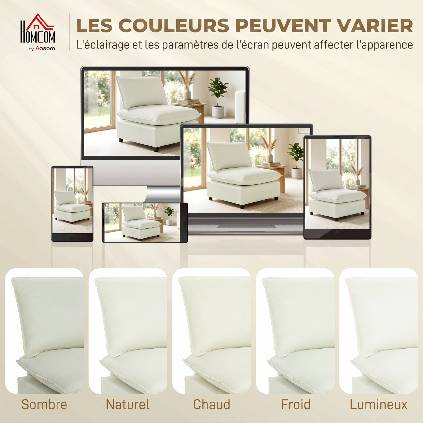 Fauteuil de salon, canapé 1 place moderne sans accoudoirs avec assise large, coussins épais, 146x85x78cm, crème