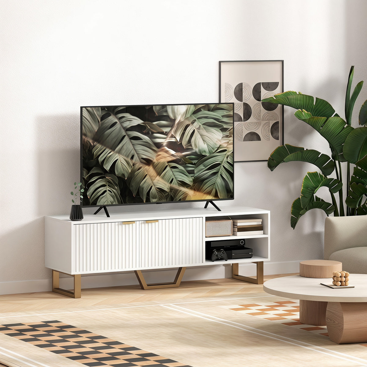 Meuble TV banc TV pour téléviseur jusqu'à 70 pouces - placard à 2 portes cannelées, compartiment ouvert et passe-câbles