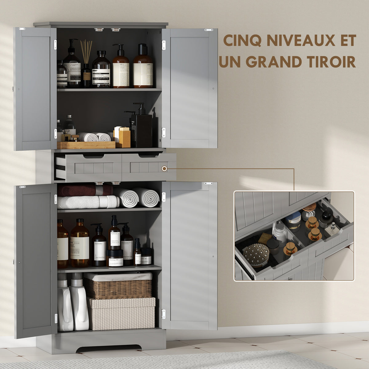 Meuble de salle de bain avec tiroir, placard à portes, étagère réglable, 60 x 30 x 160 cm, gris