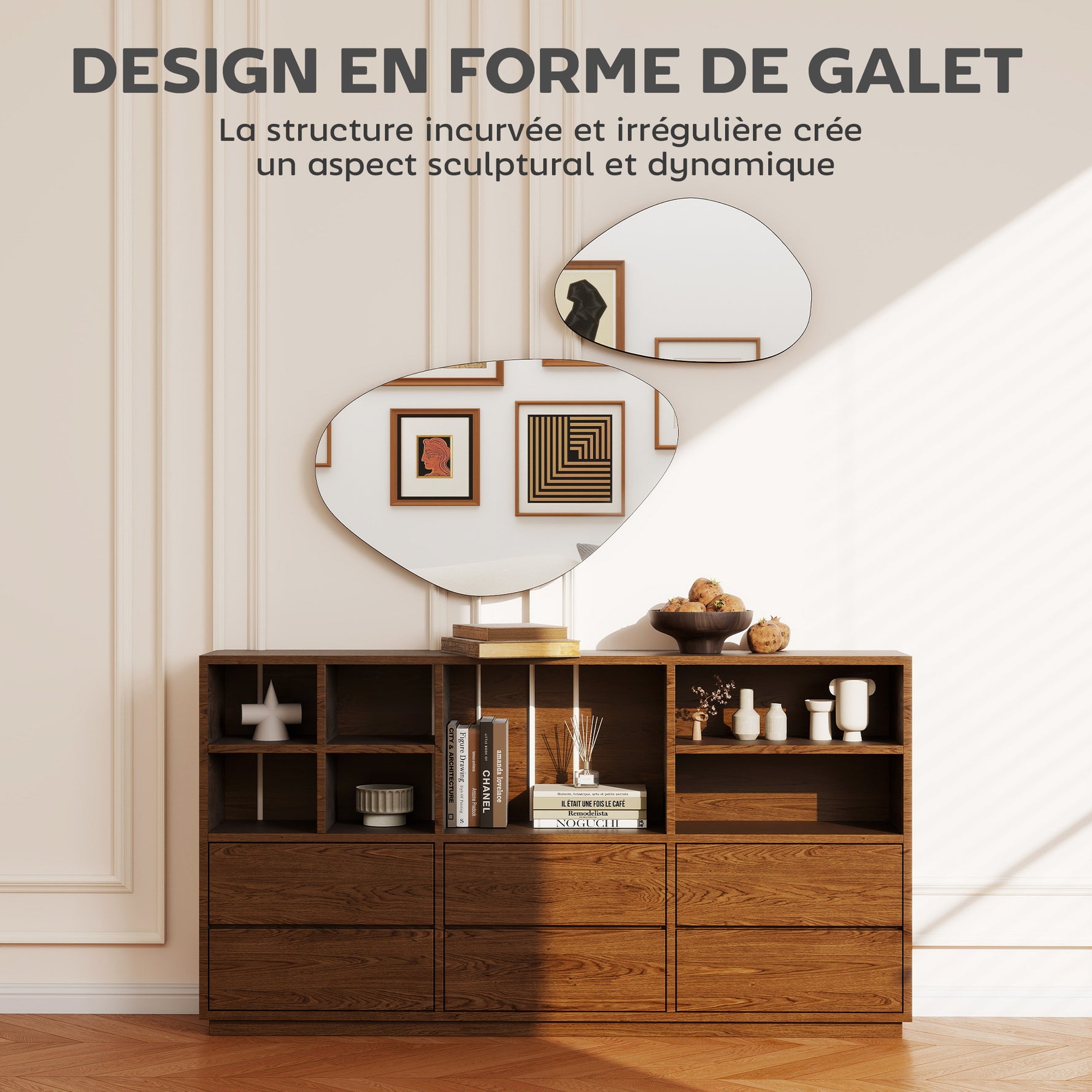 Lot de 2 miroirs muraux, miroirs décoratifs irréguliers en forme de galet, cadre en métal, 70 x 46 cm/49,5 x 31 cm, noir