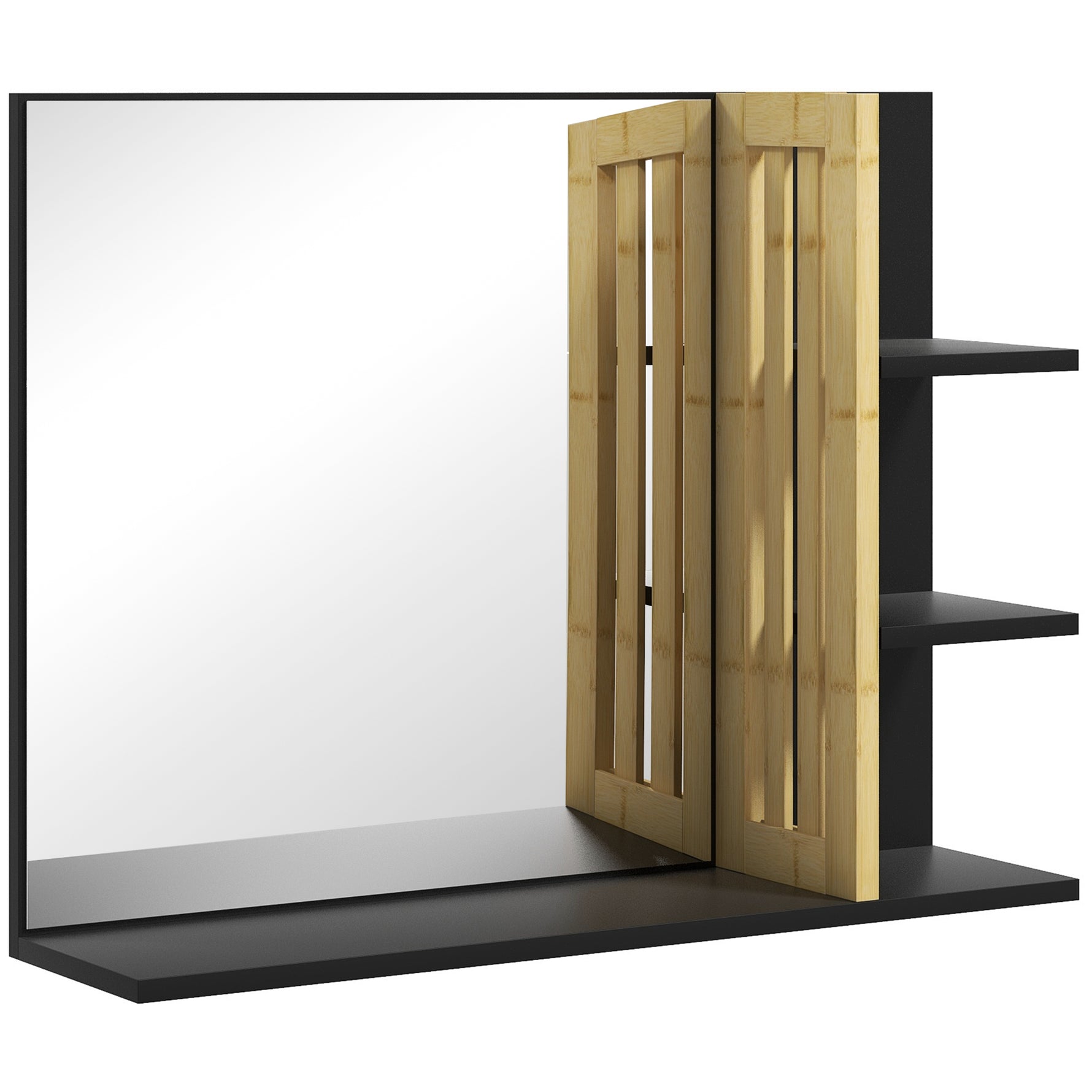 Miroir mural de salle de bain avec étagères de rangement - 3 étagères latérales + 1 étagère inférieure - bois de bambou