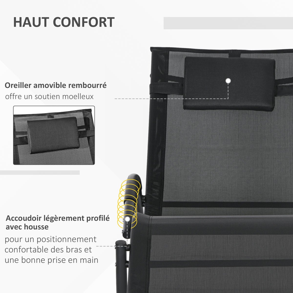 Chaise longue à bascule avec tétière utilisation extérieure intérieure noir