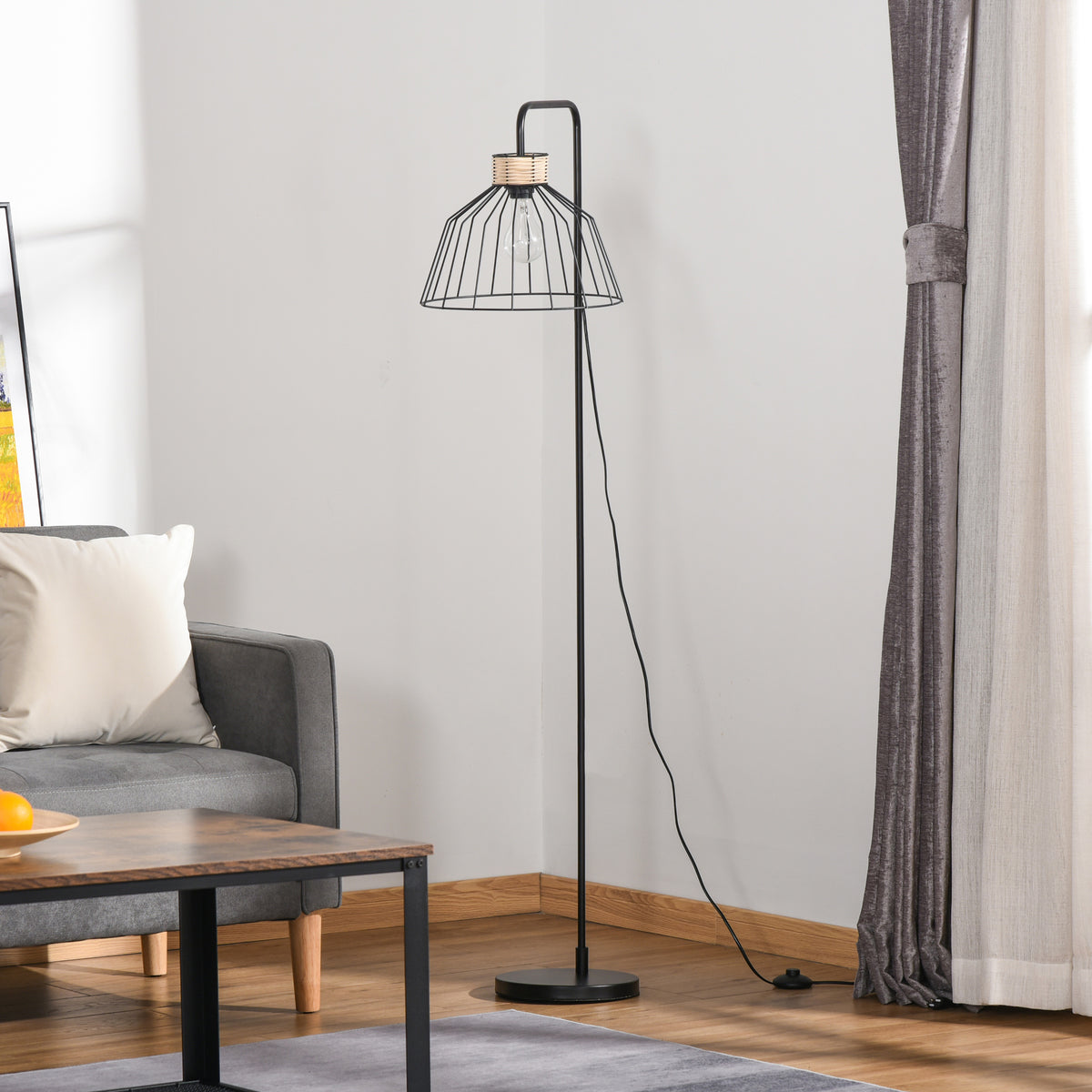 Lampadaire lampe à pied design élégant en métal avec décoration en rotin idéal pour maison bureau restaurant et café 44 x 34 x 154 cm noir