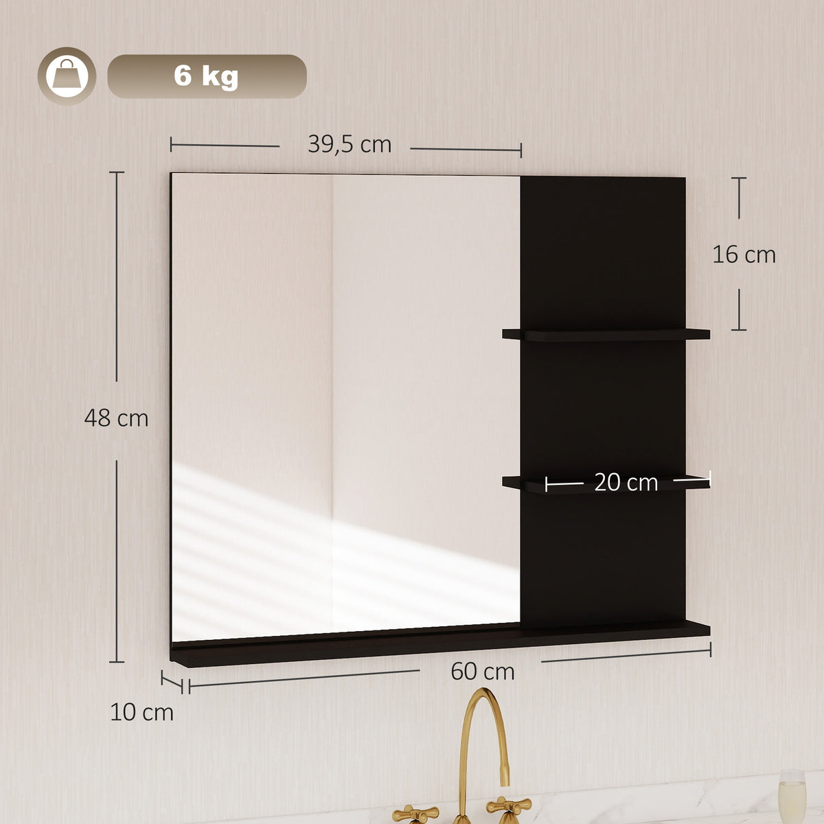 Badezimmerspiegel mit 3 Ablagen 60 x 48 cm, Moderner Wandspiegel für Schlafzimmer, Büro, Schwarz