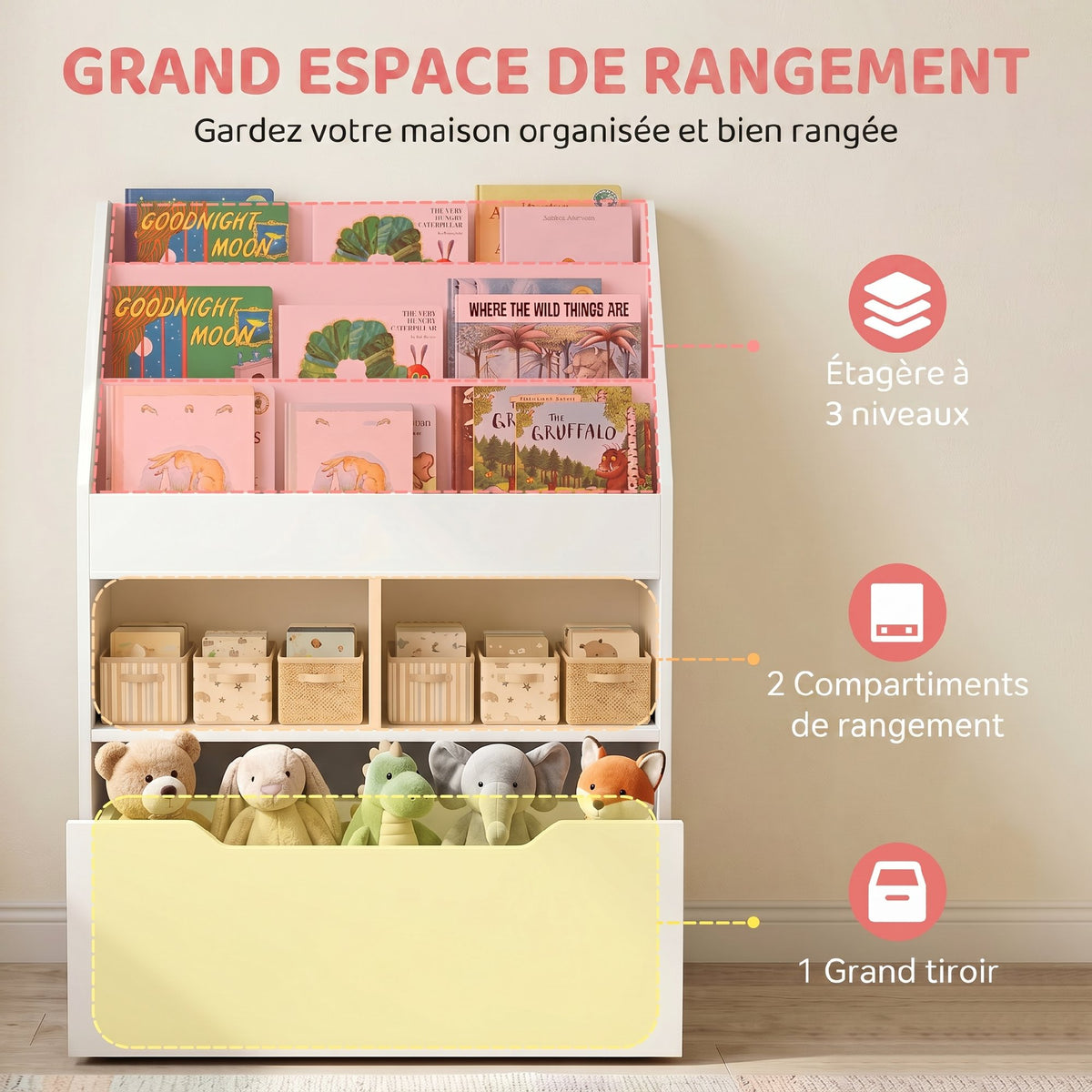 Boekenkast met opbergruimte, 3 planken, 2 nissen, grote lade, hout, wit