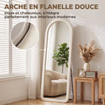Miroir de Sol Arqué Pleine Longueur 160x60cm, Grand Miroir sur Pied ou Mural, Cadre Effet Velours, Verre Trempé, Crème