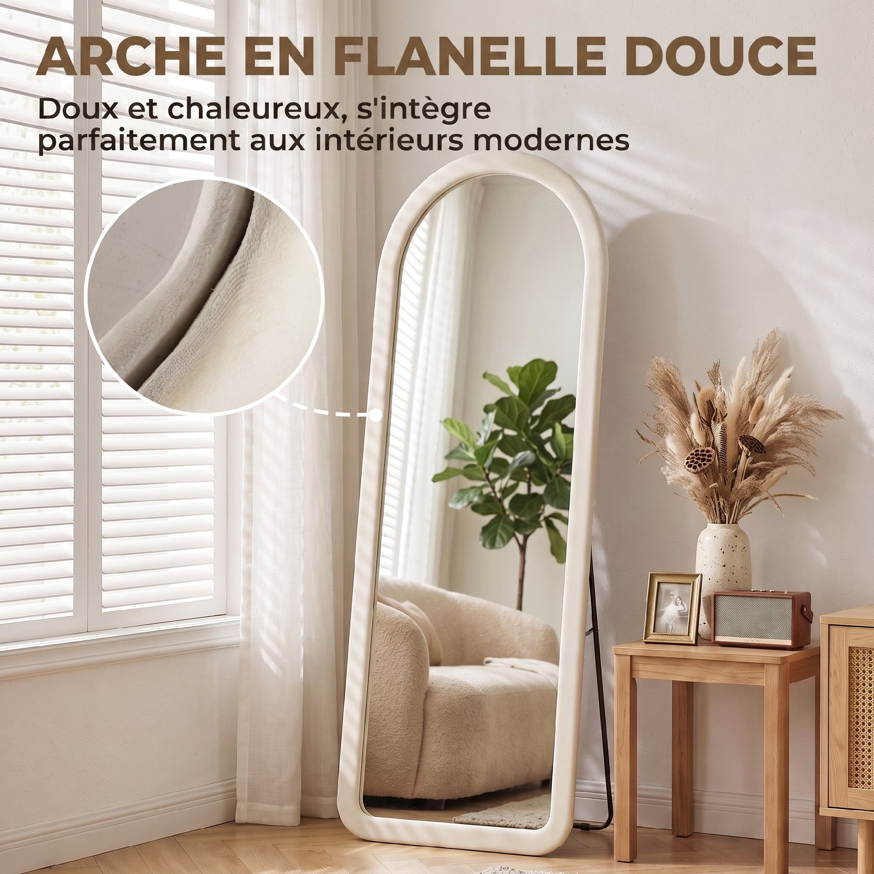 Miroir de Sol Arqué Pleine Longueur 160x60cm, Grand Miroir sur Pied ou Mural, Cadre Effet Velours, Verre Trempé, Crème