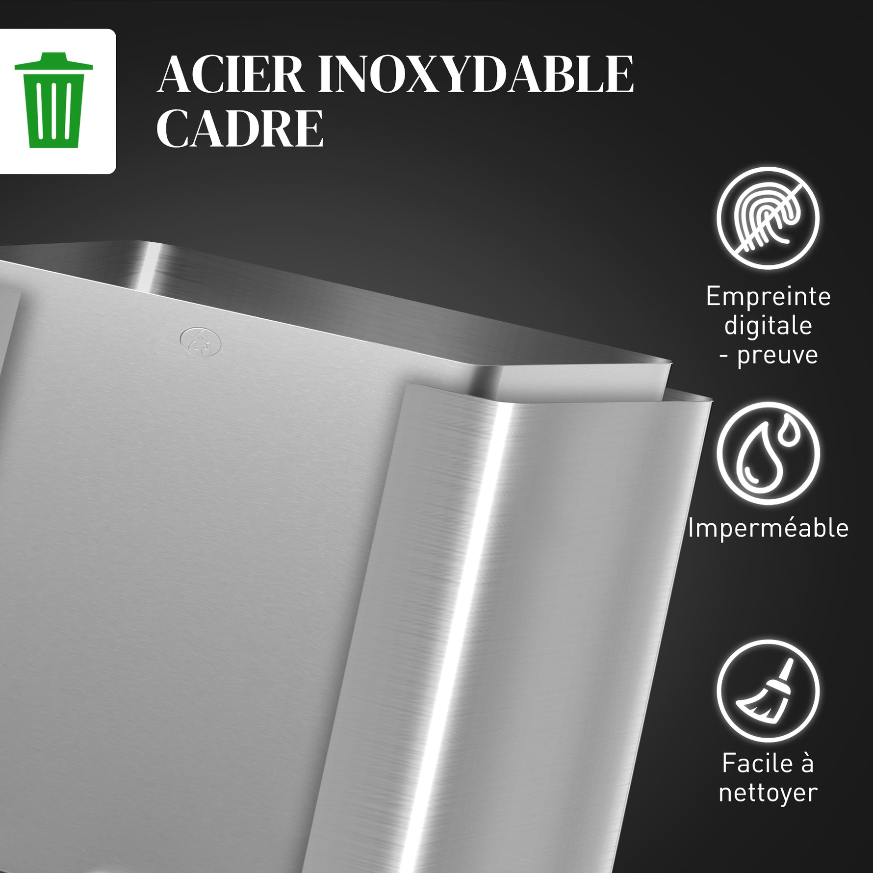 Poubelle de cuisine, poubelle tri sélectif, 3 compartiments de 10L, seaux intérieurs amovibles, 49,6x34,5x38,6cm, argent