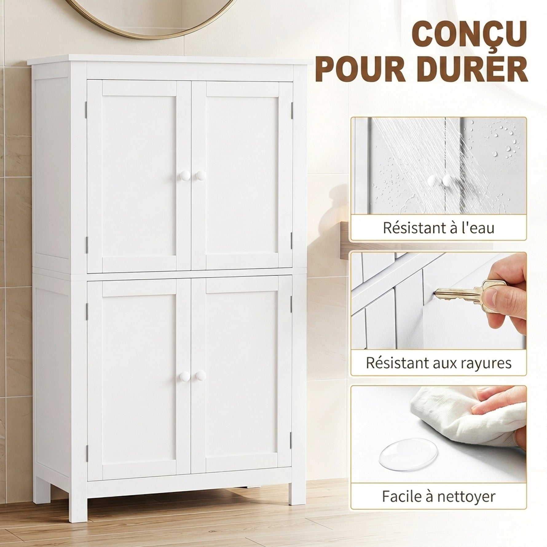 Meuble de salle de bain, meuble de rangement étroit avec 4 portes et étagères réglables, style moderne, blanc