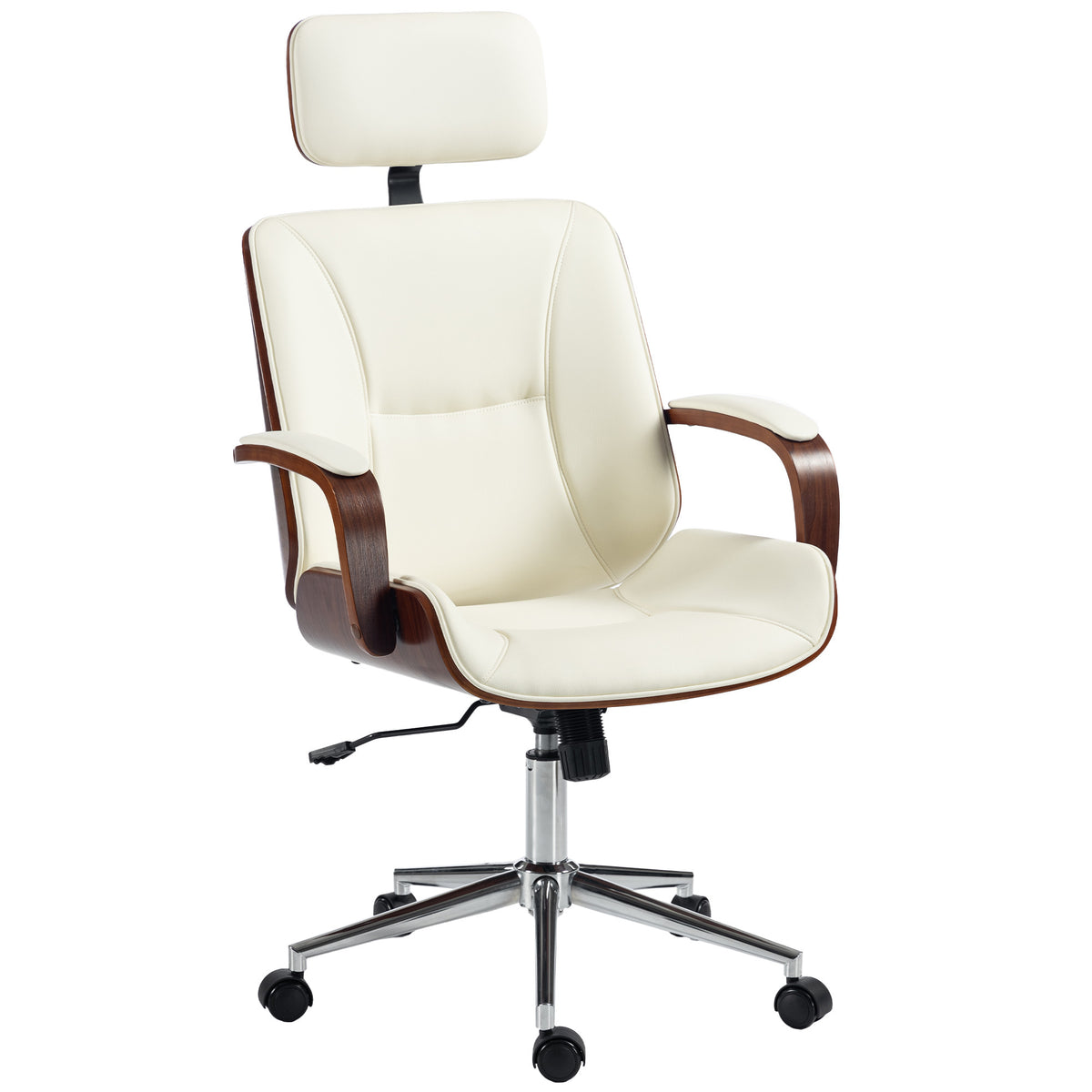Bureaustoel, bureaustoel met afneembare hoofdsteun, in hoogte verstelbaar en met kantelfunctie, 66x65x125 cm, crème