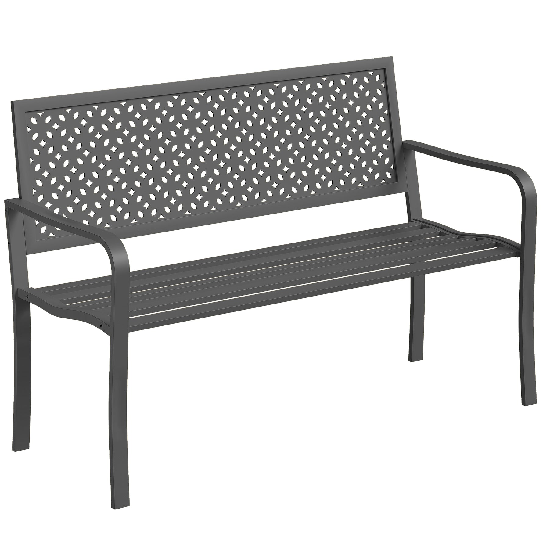 Banc d'extérieur en métal, 2 places, avec dossier géométrique antirouille et accoudoirs, gris foncé