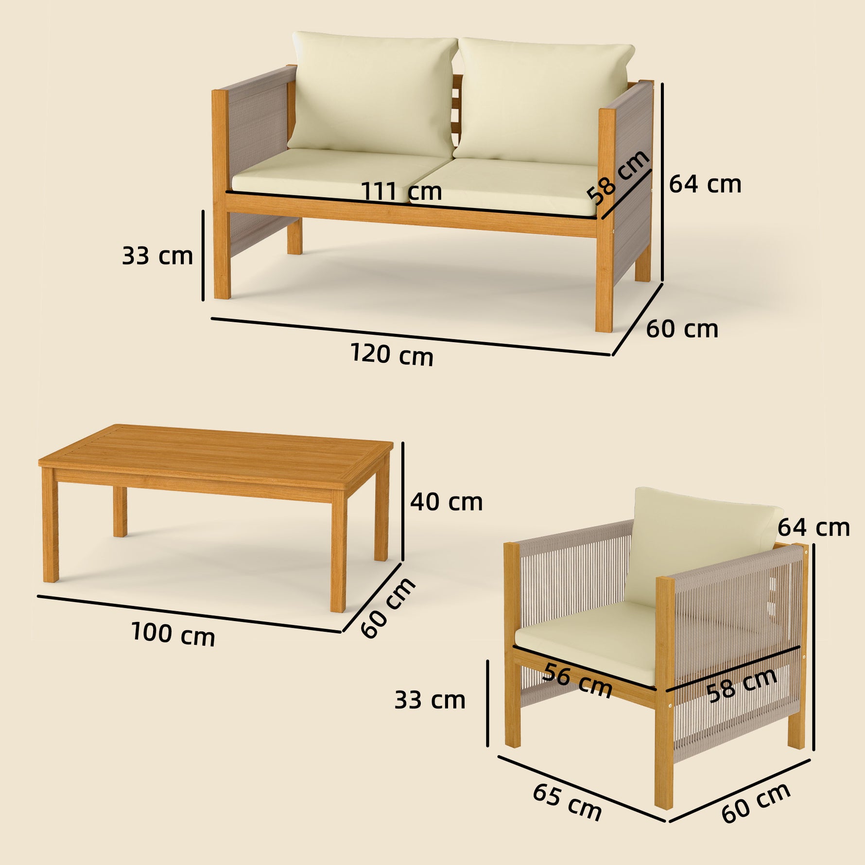 Salon de Jardin Ensemble de Mobilier 4 Pièces en Bois d'Acacia Coussins Déhoussables et Corde Tressée Naturel