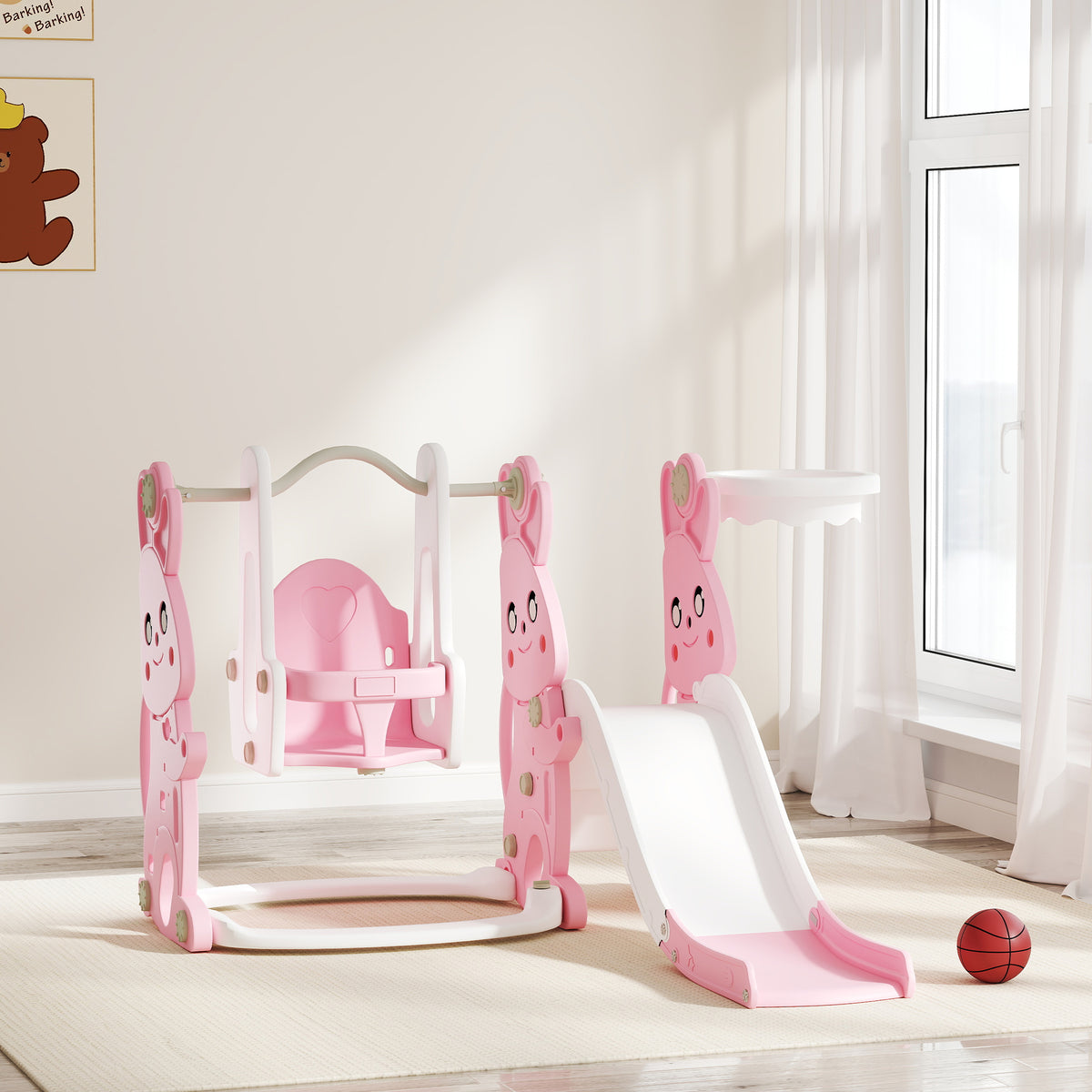 Scivolo e altalena 4 in 1 per bambini con canestro da basket, scivolo, altalena, 147,5x160x107cm, rosa