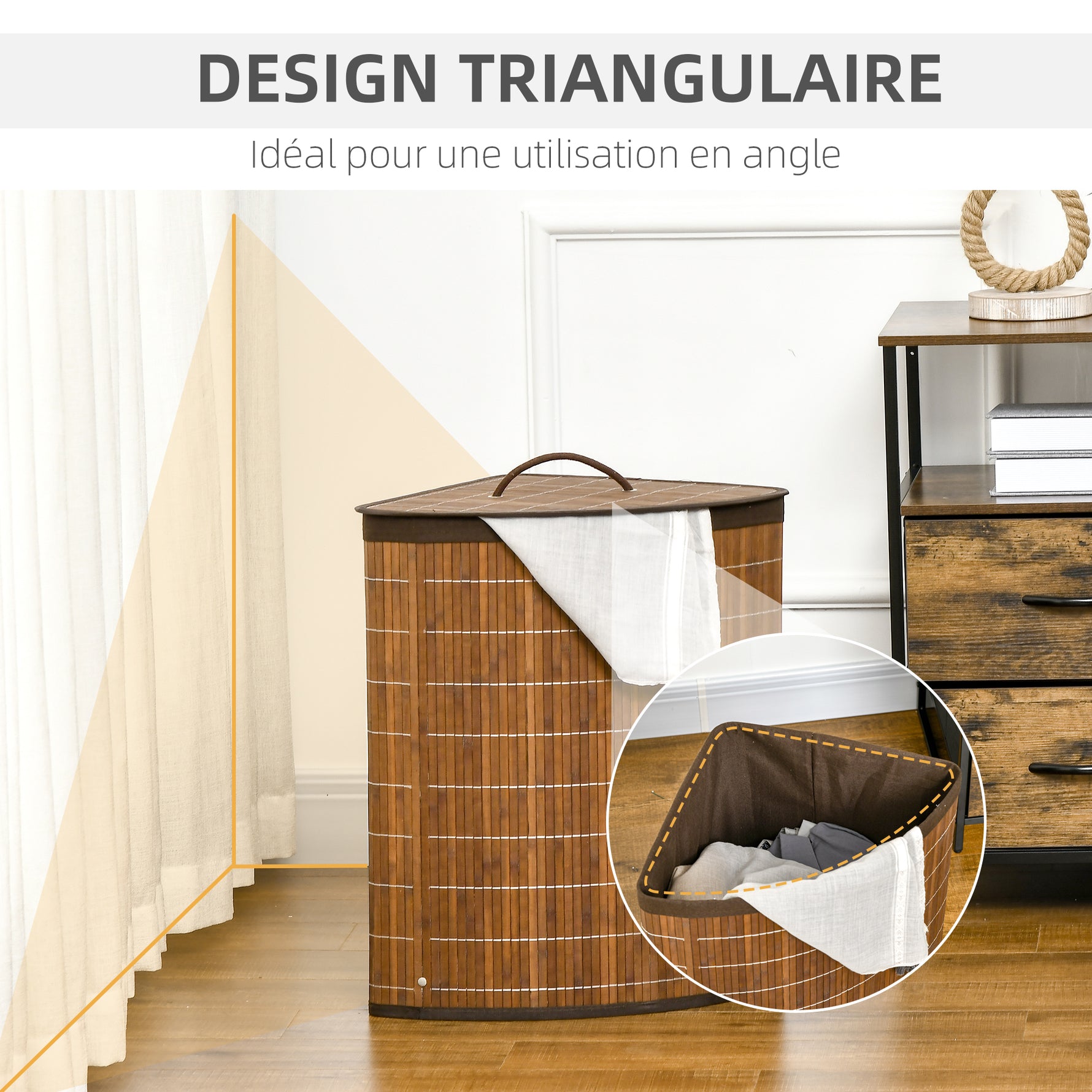Panier à linge en bambou d'angle 55L avec couvercle et sac amovible 38 x 38 x 57 cm marron