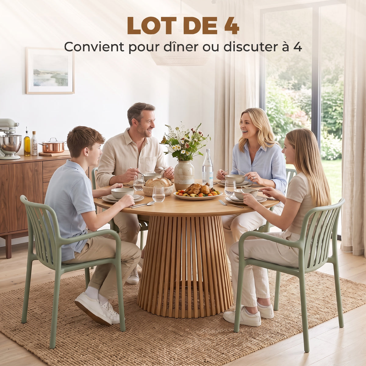 Lot de 4 Chaises Salle à Manger, Chaises de Cuisine Empilables en PP avec Dossier Incurvé à Lattes et Accoudoirs, Vert