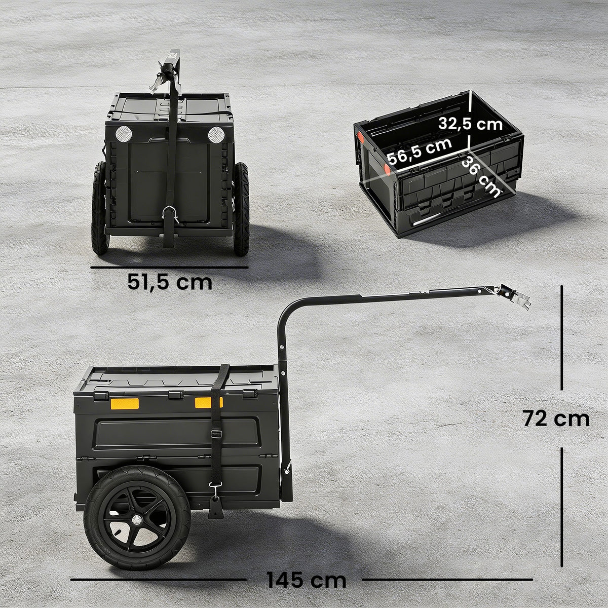 Remorque Vélo Cargo Chariot de Transport Pliable Caisse Plastique 65L Couvercle Dégagement Rapide 145x51,5x72cm Noir