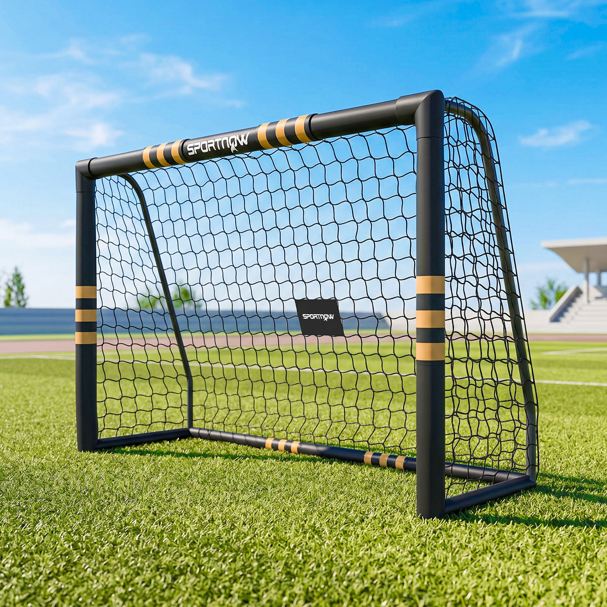 Futbol-atea babes-aparrarekin, lurreko 6 piketarekin eta PE sarearekin, 240x85x160cm, horia