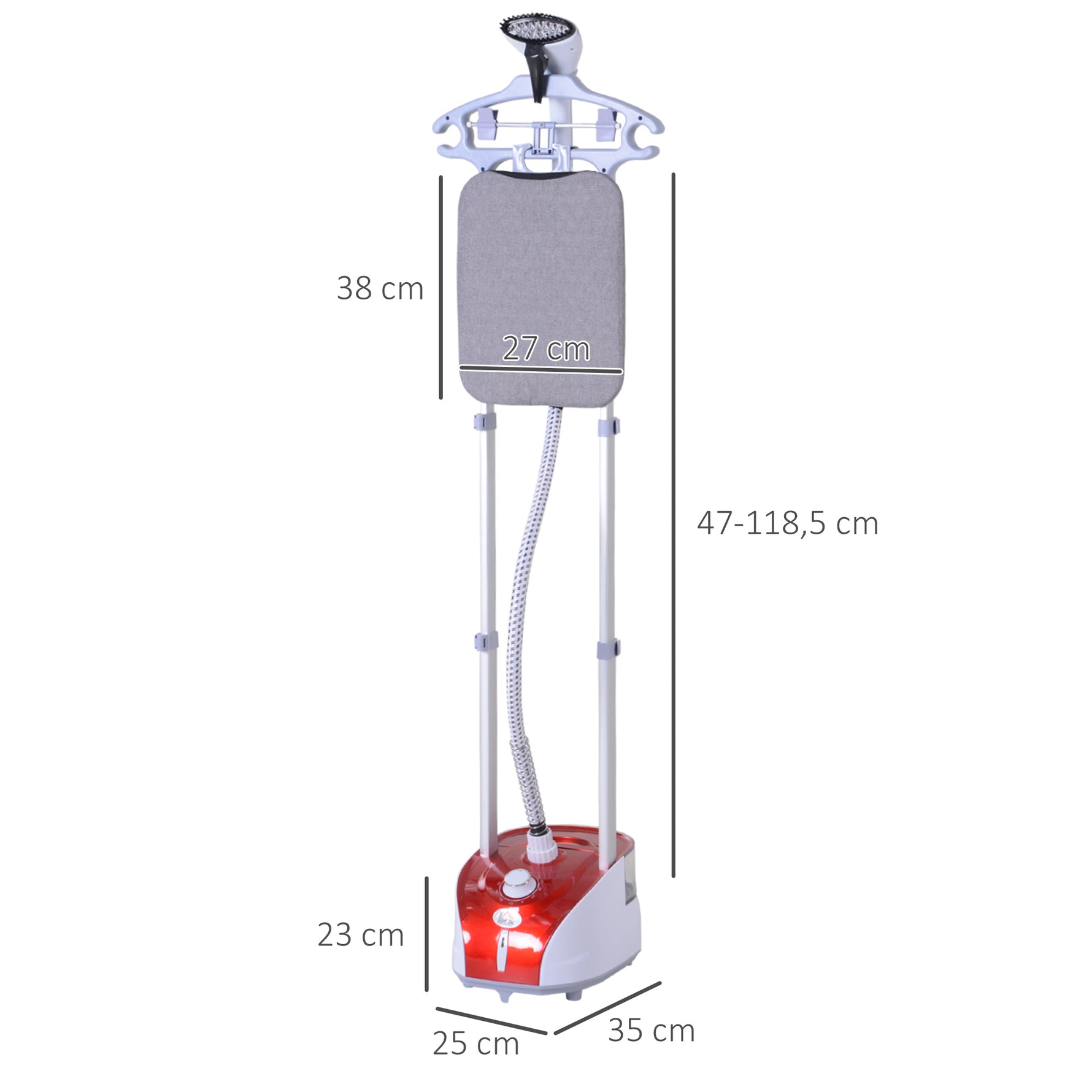 Défroisseur vapeur vertical 1950 W 32g/min, réservoir d'eau de 2 litres, tige télescopique, fer vertical autonomie 45min, 11 températures réglables, prêt en 38s, planche et cintre fournis rouge