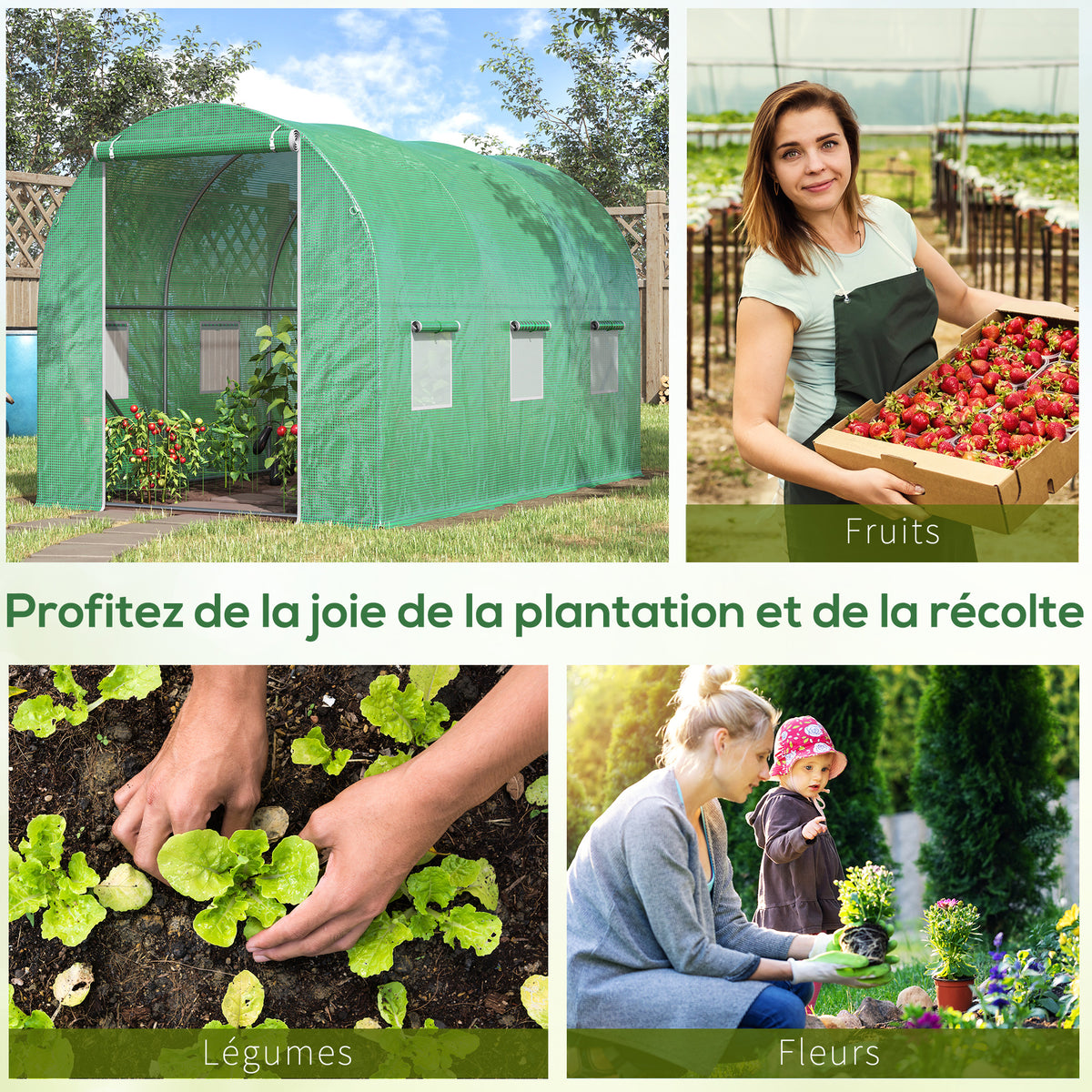 Serre de Jardin Tunnel Surface Sol 6 m² 3L x 2l x 2H m acier Porte zippée 6 fenêtres enroulables Vert