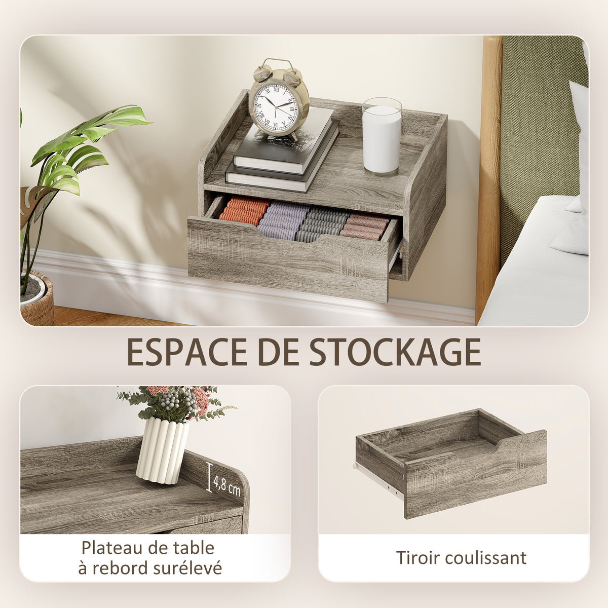 Lot de 2 tables de chevet murales, tables de nuit avec tiroir et plateau à rebords surélevés, 40x30x19,5cm, gris