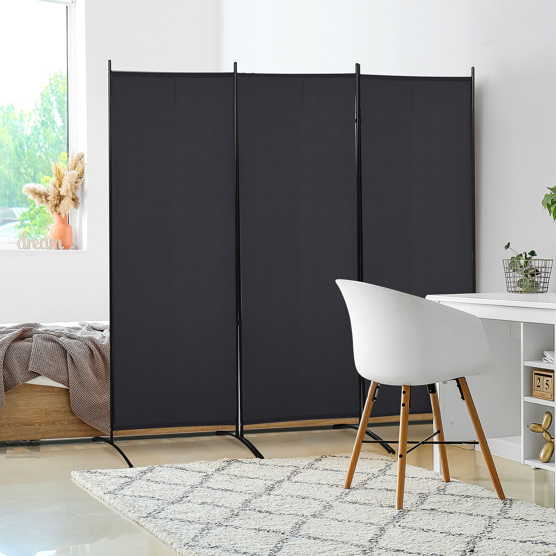 Paravent 3 panneaux dim. 2,53L x 0,5l x 1,82H m Store latéral Brise-Vue paravent sur Pied séparateur métal Polyester