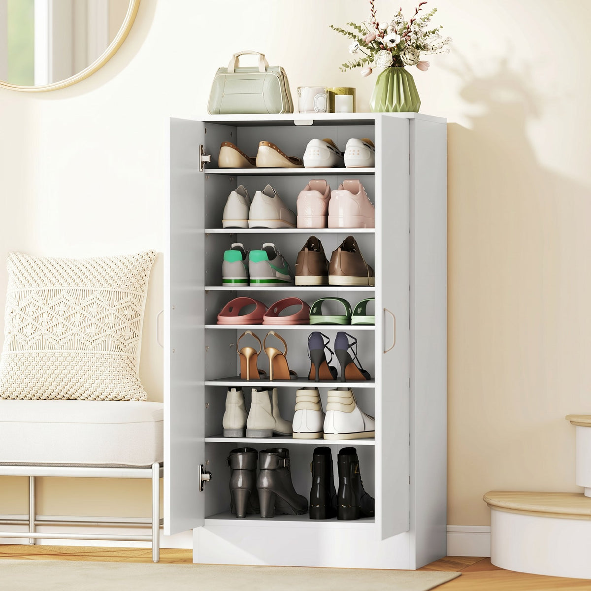 Meuble à chaussures 14 paires armoire à chaussures 7 niveaux avec 6 étagères réglables 2 portes à fermeture douce blanc