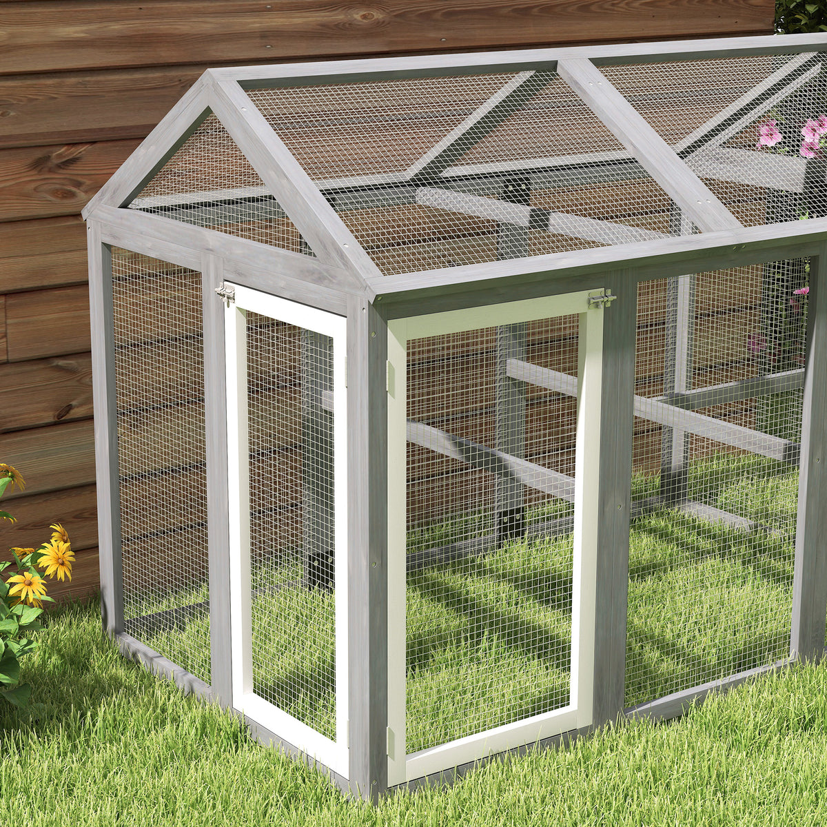 Enclos poulailler 1,18 m², parc grillagé avec porte verrouillables, cadre en bois massif, 140 x 88,5 x 106 cm, gris