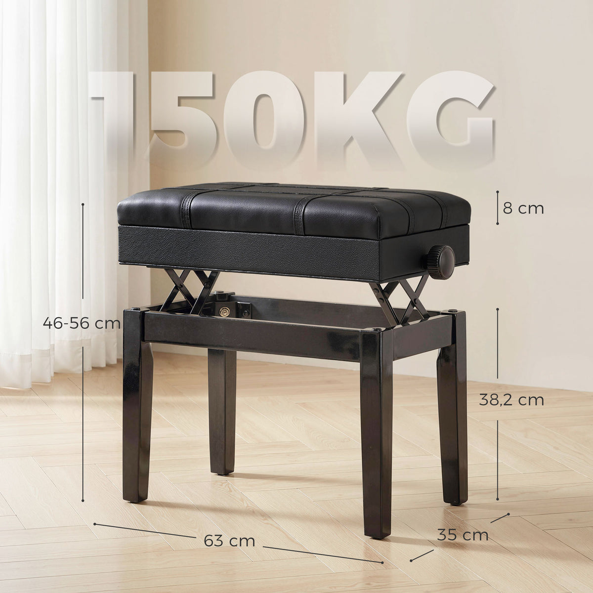 Banquette tabouret siège pour piano coffre intégré hauteur réglable bois hévéa assise revêtement synthétique noir