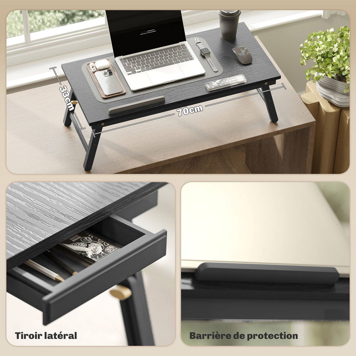 Table de lit pliable et réglable, plateau de lit pour ordinateur portable en bambou plateau inclinable 83,5x33x34cm noir
