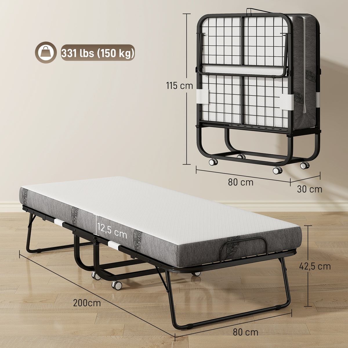 Lit pliant 1 personne 200 x 80 cm avec matelas, lit d'appoint pliable et portable sur roulettes, cadre en acier, blanc