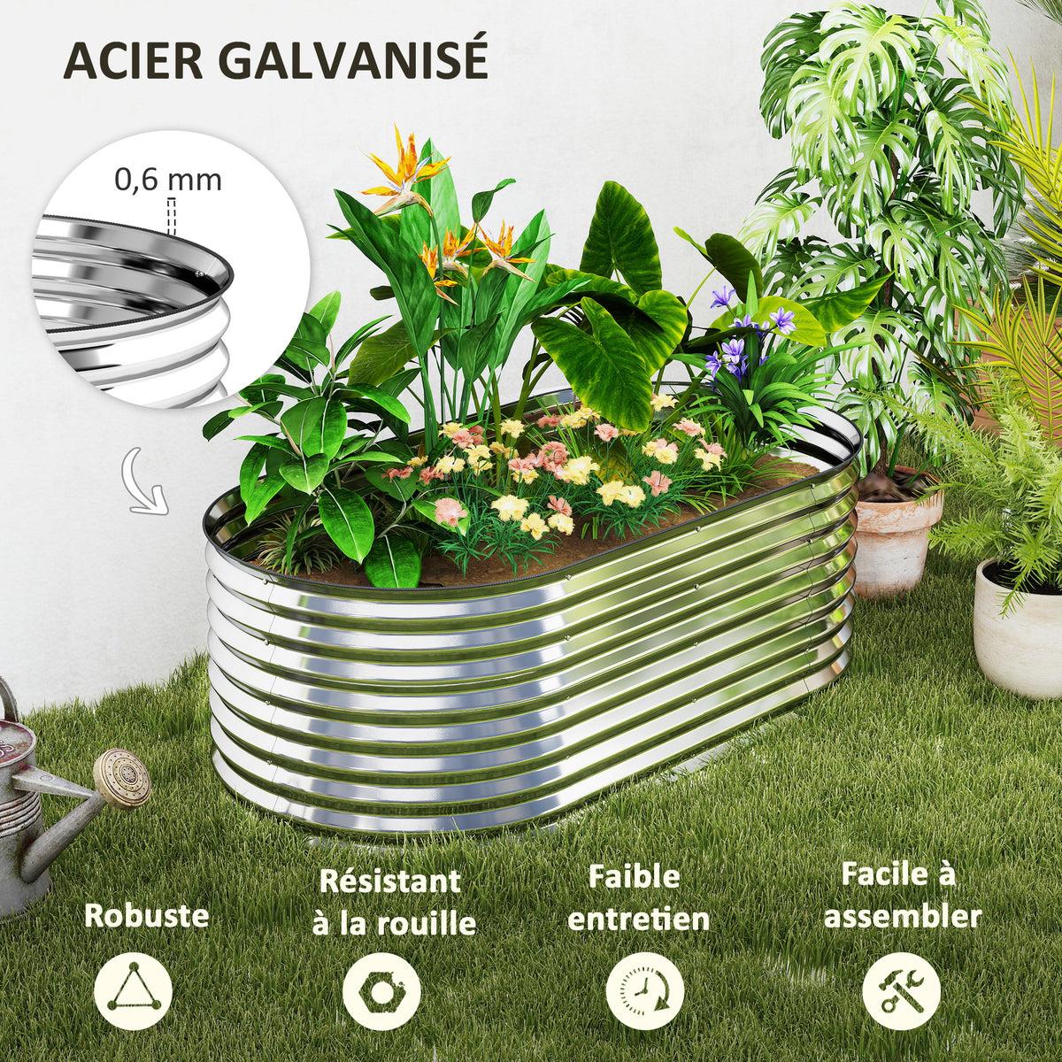 Carré potager de jardin potager surélevé, résistant à la rouille en acier galvanisé 160 x 80 x 56 cm argent