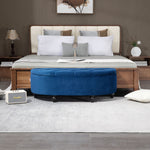 Pouf de Rangement Coffre 2 en 1 - Pouf capitonné Demi-Cercle - Pieds Bois hévéa Noir revêtement Velours Bleu